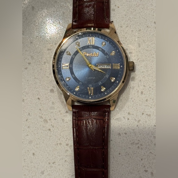 Posh Other - Poshi Blue Face Date Day Quartz Gold Tone Brown Faux Leather Water Res Watch